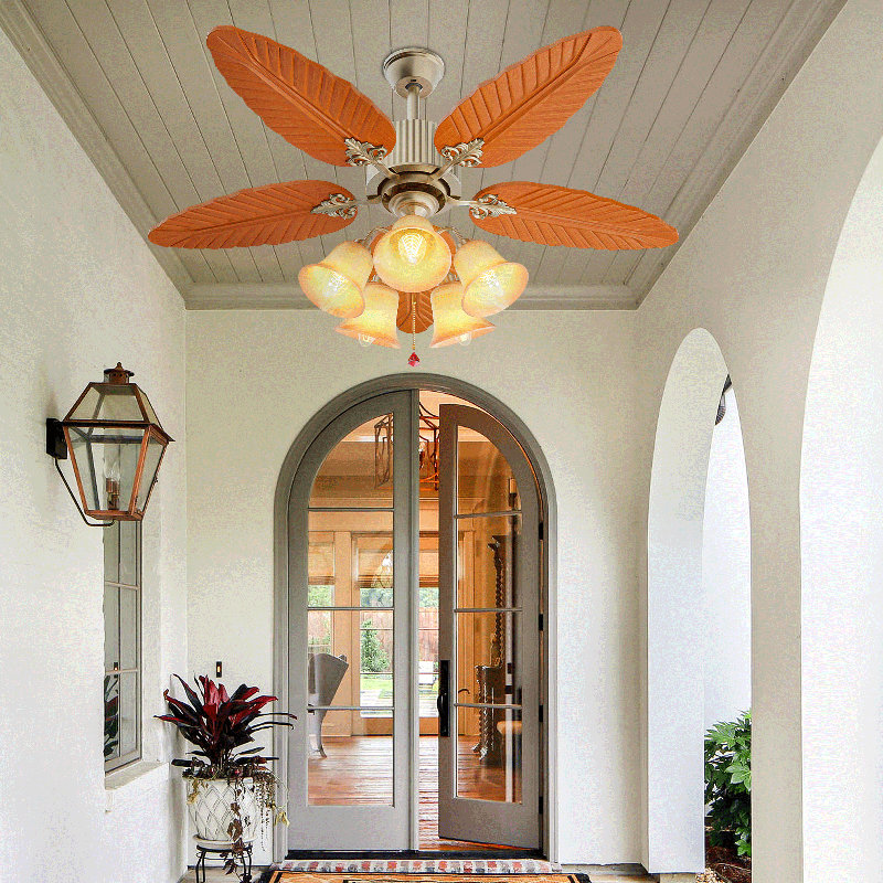 Golden 52" Tropical Ceiling Fan with Palm Leaf Blades and LED Lighting