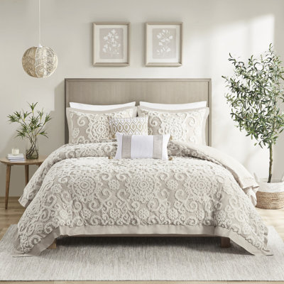Housse de couette 100% coton taupe pour très grand lit avec une belle broderie, fermeture à boutons, 2 taies décoratives et - qualité, coton, taupe, motif chenille, taies décoratives, qualité, attaches intérieures