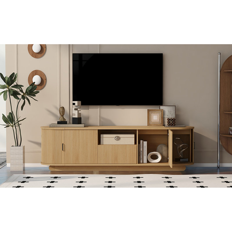 Meuble télé avec tablette ouverte, tiroir, armoires, rangement coulissant caché, coins arrondis, l 70,86 po