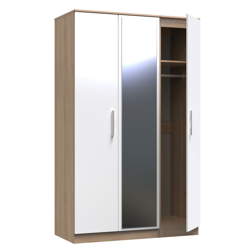 Fully Assembled Emrynn Contrast 2 Door Wardrobe, White Gloss Finish / Oak Wood Veneer