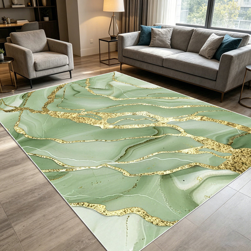 1PC Sage Green Gold Glitter Fluid Marble Art area rugs for Living Room, Soft and Comfortable, Suitable for all seasons, easy-to-maintain, machine washable Indoor floor mat, Under Table Farmhouse suitable for dining room, bedroom, entryway, kitchen,