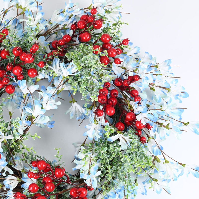 Couronne de Noël en baies et grappe de fleurs 24 po, Bleu/rouge