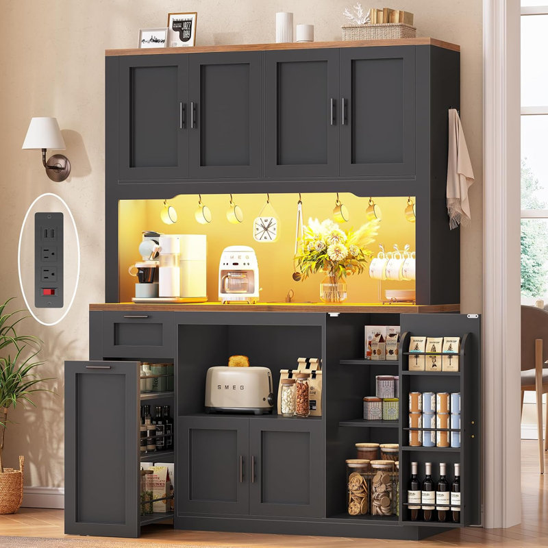 71" Kitchen Hutch Storage Cabinet Pantry Cabinet With Charging Station And Led Light, Black, 47.2" wide