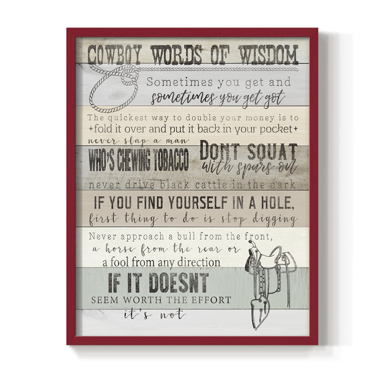 Cowboy Words Of Wisdom, reproduction encadrée - bois massif, H 15 po x l 12 po, Rouge
