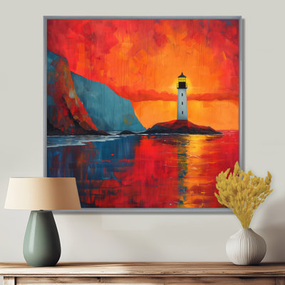 Orange Blue Coastal Lighthouse Cliff Sunset II - Lighthouses Wall Decor