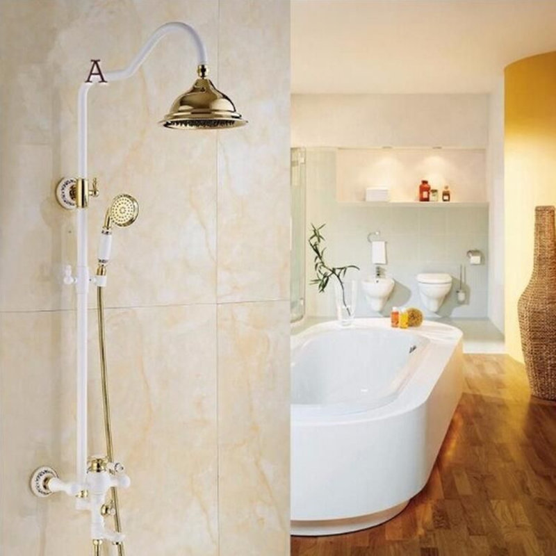 Juno Beautiful White Gold Wall Mount Shower Faucet with Hand-Held Shower