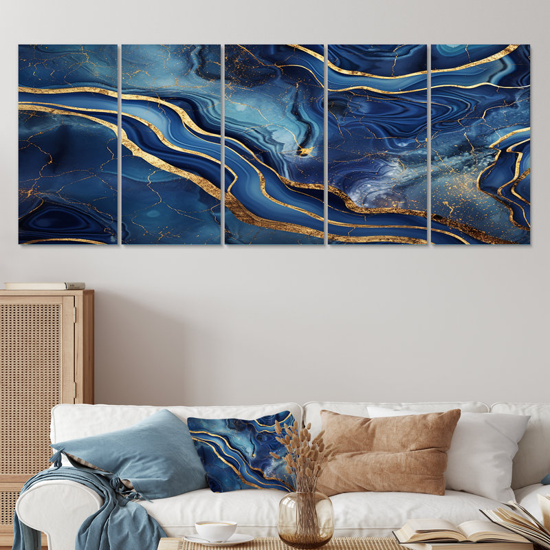 «Blue and Gold Abstract Marble Mirage III», ensemble d'art mural 5 pièces, H 32 po x l 80 po
