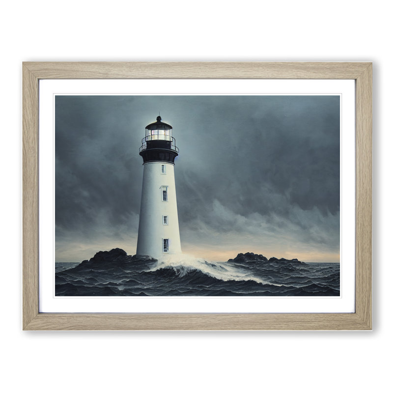 Masterful Lighthouse - Single Picture Frame Print, 46cm H x 64cm W x 2cm D, Oak