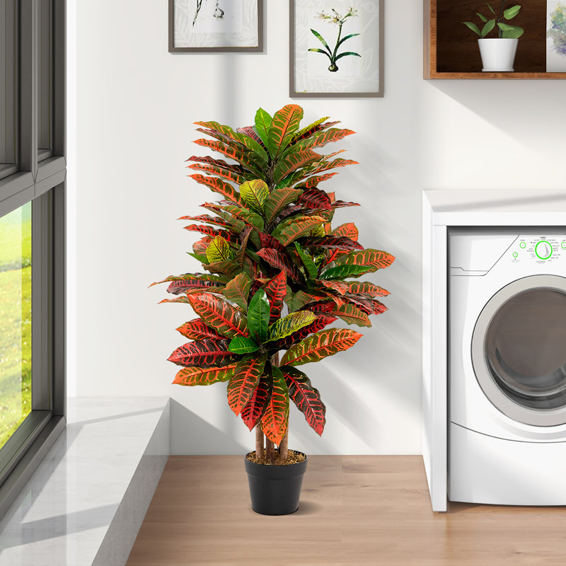 Plante artificielle croton de 40 po de hauteur avec feuilles colorées et troncs de bois naturel Primrue