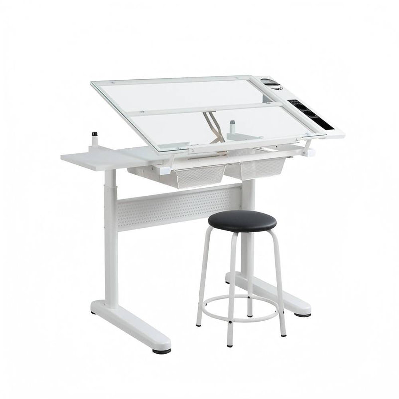 Table à dessin à manivelle réglable avec 2 tiroirs en métal (blanc) et tabouret