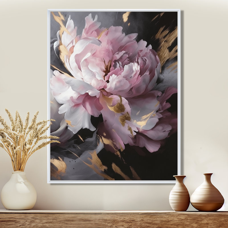 Harmonieux rose gris pivoine II - pivoines, art mural, H 40 po x l 30 po, Cadre flottant blanc