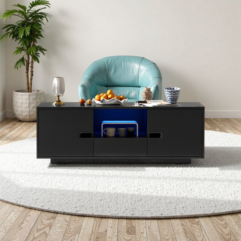 Table basse moderne à DEL rectangulaire noire ultra brillante avec rangement et 16 lumières de couleur, Noir