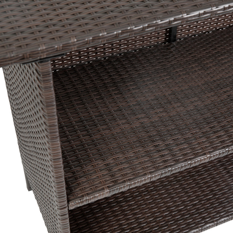 Rimah Rectangular Indoor/Outdoor Wicker Rattan Patio Bar Counter Table with Two Shelves, Brown, Brown