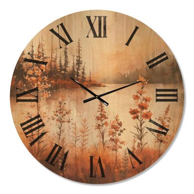 Oversized Wildflower Round Wood Wall Clock – Summer Wildflowers Lake Horizon