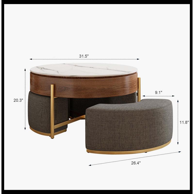 Modern Lift-Top Round Coffee Table With Hidden Storage, Walnut Veneer & Sintered Stone Top,3 Upholstered Nesting Ottomans, Space-Saving Design, Fully Assembly