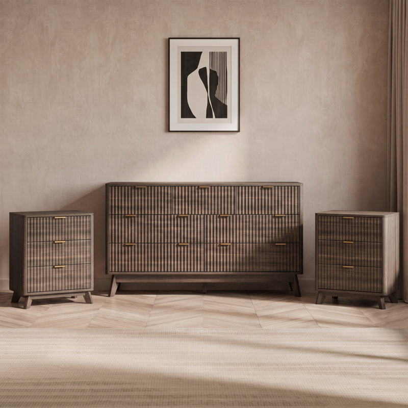 Ensemble de chambre à coucher 3 pièces, une commode à 7 tiroirs et deux tables de chevet à 3 tiroirs, Noyer