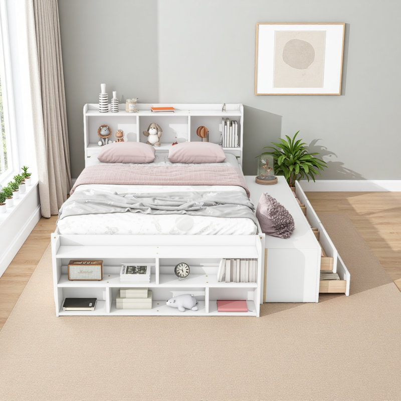 Lit double avec tête de lit bibliothèque, tiroirs de rangement sous le lit et étui de rangement, Blanc