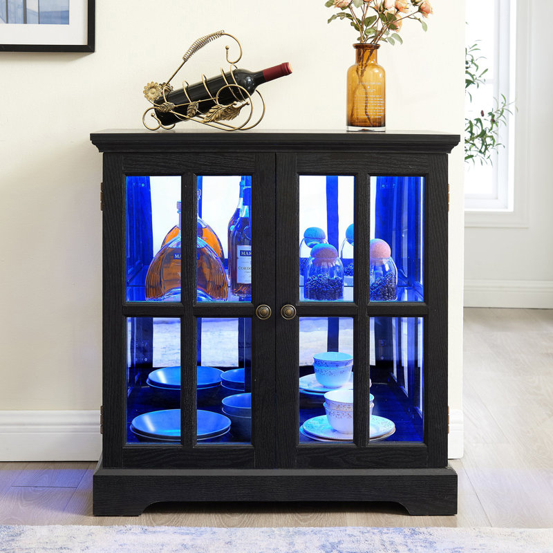 Led Curio Display Cabinet, Display Cabinet With Adjustable Shelves, Retro Design Bookcase, Black