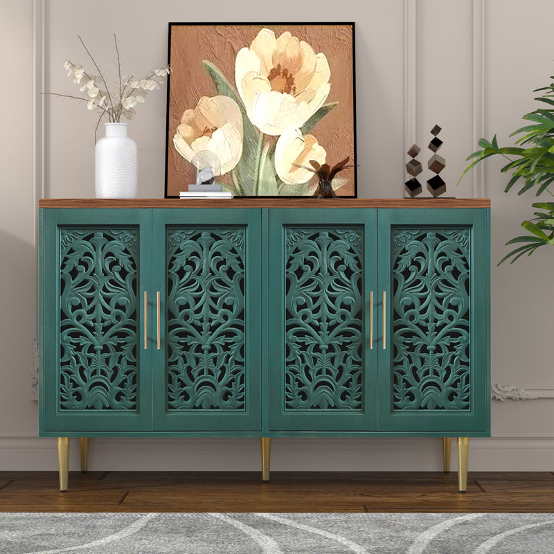 Buffet 48 po à portes creuses sculptées, armoire de rangement moderne avec 4 portes, armoire d'appoint pour le salon, la salle à manger et la cuisine