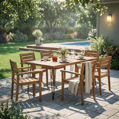 7-Piece Acacia Wood Outdoor Dining Set Featuring Weather-Resistant Construction, Ergonomic Seating, and Mid-Century Industrial Design for Garden, Deck, or Patio Use.