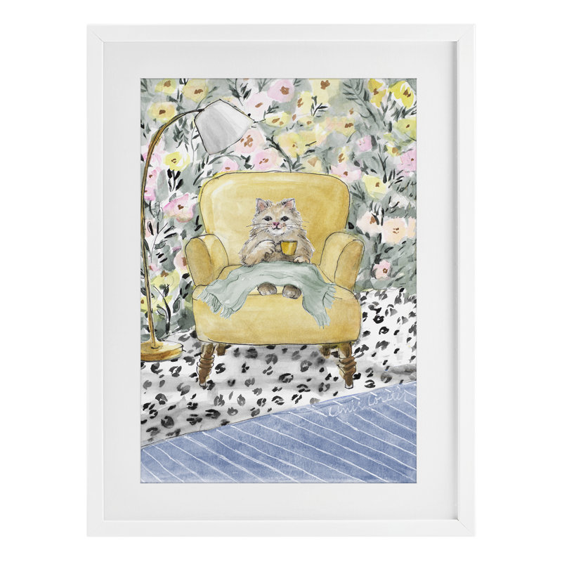 Cozy Cat Relaxing, reproduction encadrée sous verre, design par Lanie Loreth, Cadre blanc côtier, H 23 po x l 17 po