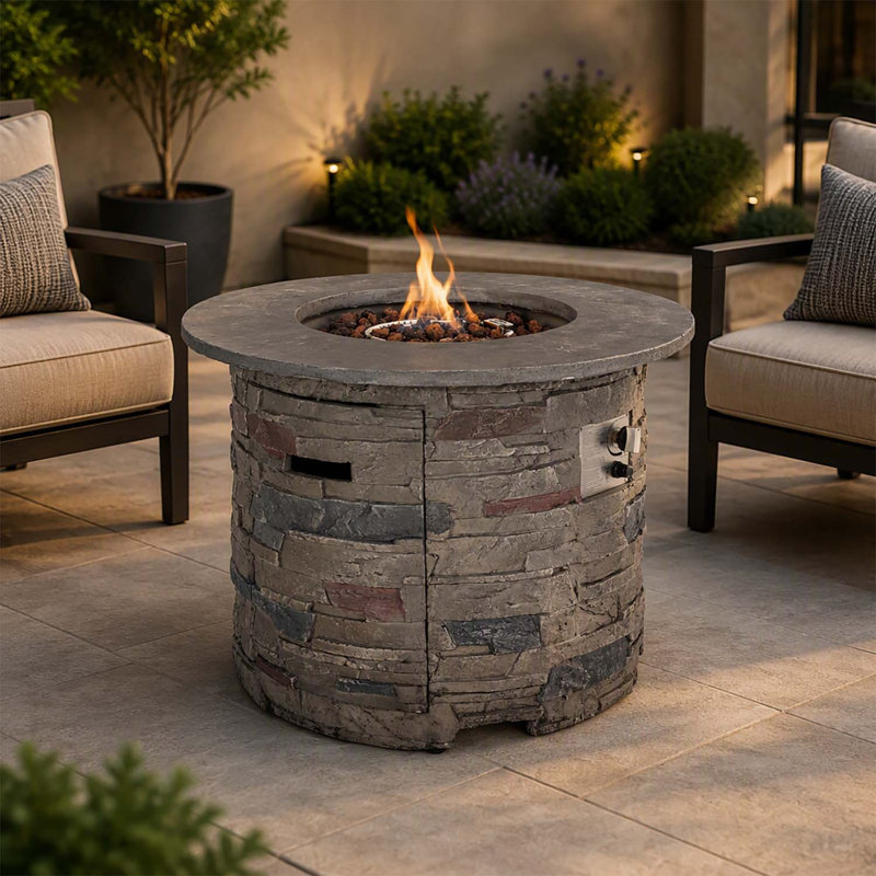 Foyer extérieur rond au propane MgO de 32 pouces, dessus gris - 40 000 BTU, durable et élégant pour les réunions sur la terrasse