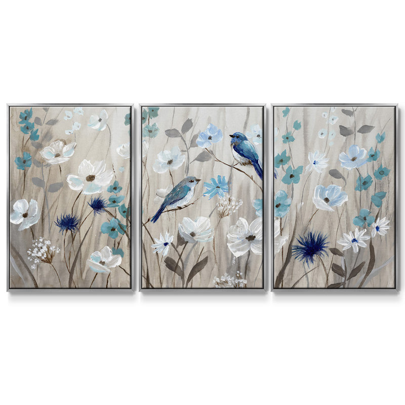 Oiseaux bleus au printemps, reproduction sur toile 3 pièces, H 24 po x l 48 po x P 2 po, Argent