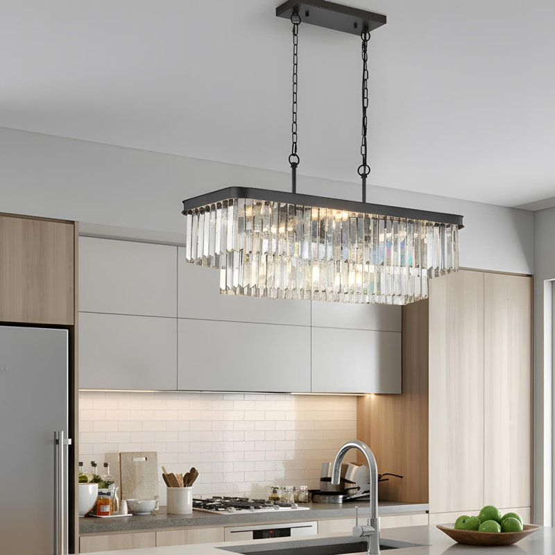 Chandelier Series, Adjustable Rectangular Crystal Chandelier, E12 Modern Industrial Crystal Light, Rustic Wrought Iron Ceiling Pendant (Suitable for Kitchen/Living Room/Bedroom) Black (Bulbs Not Included)