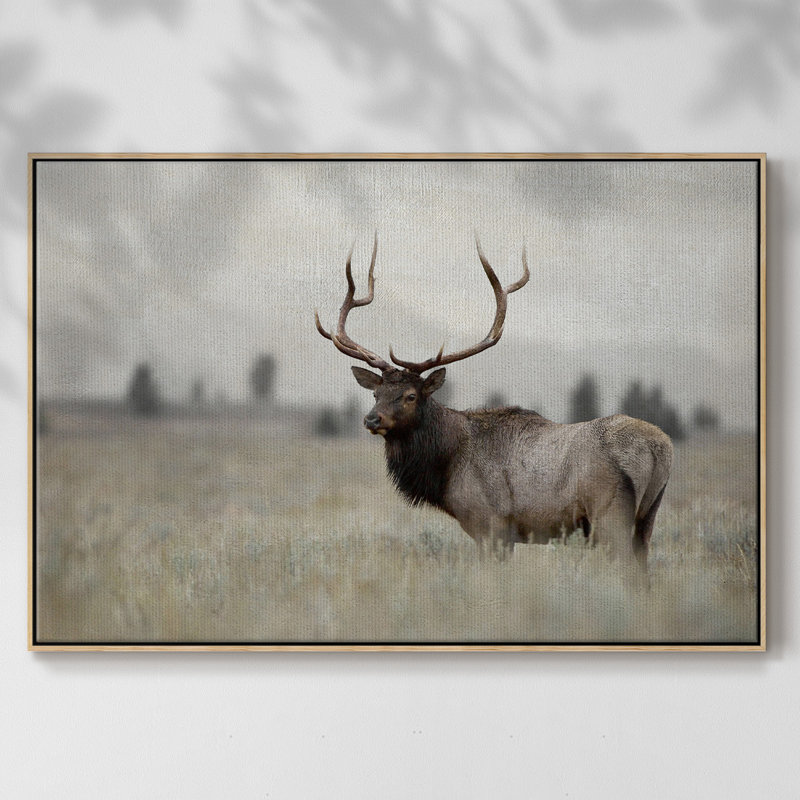Grand élan encadré sur toile, H 17 po x l 25 po x P 2 po, Bois naturel