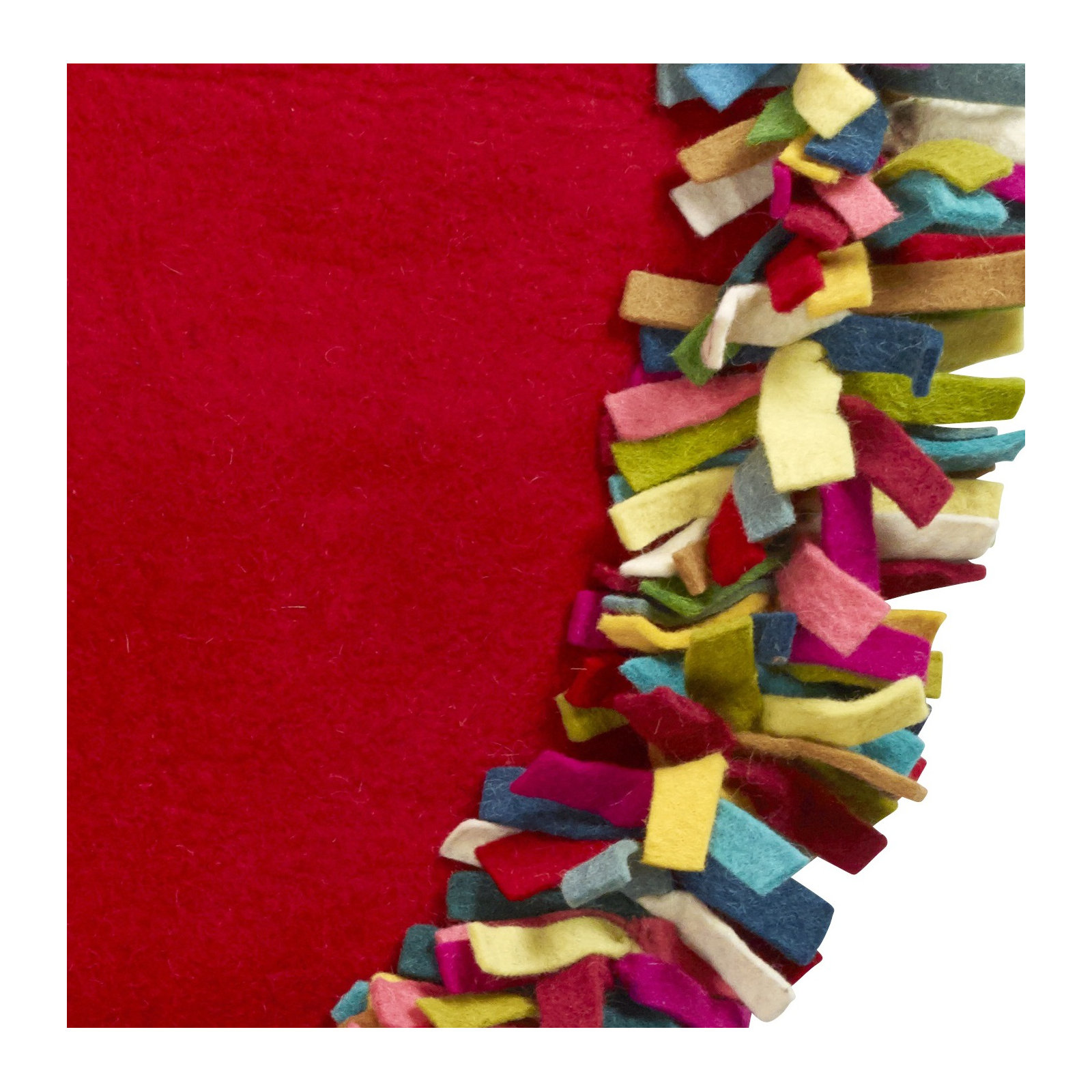 Handmade Felt Christmas Tree Skirt - Multicolor Fringe Border - 51"/64", Red
