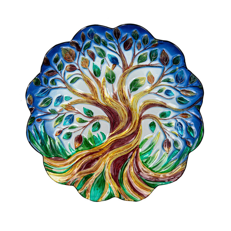 Bain d'oiseaux en verre peint à la main Tree of Life, 18 po
