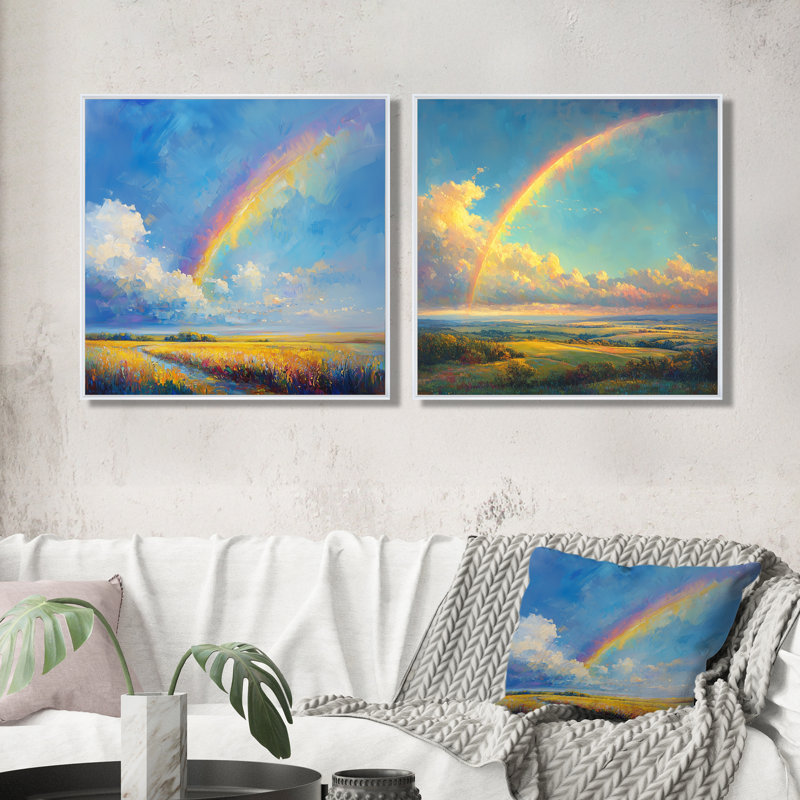 «Rainbow After The Rain I» - art mural arc-en-ciel - ensemble d'art mural traditionnel 2 pièces, H 30 po x l 61 po, Blanc