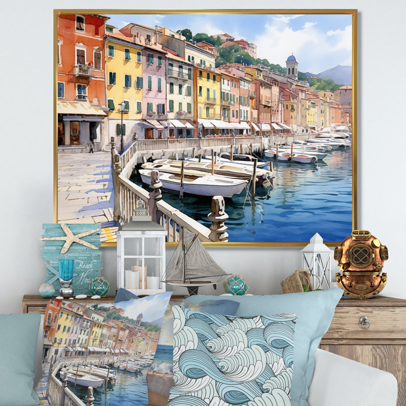«Italie», charme côtier sur toile, H 30 po x l 40 po x P 1,5 po, Cadre flottant doré