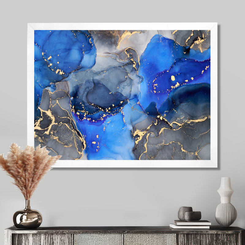 «Blue and Black Luxury Abstract Fluid Art I», reproduction d'art sur toile, H 12 po x l 20 po, Impression encadrée, Blanc