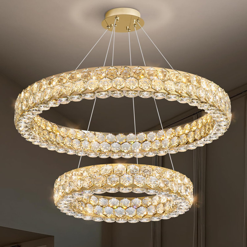 Lustre en cristal à 2 lumières à intensité variable, Doré