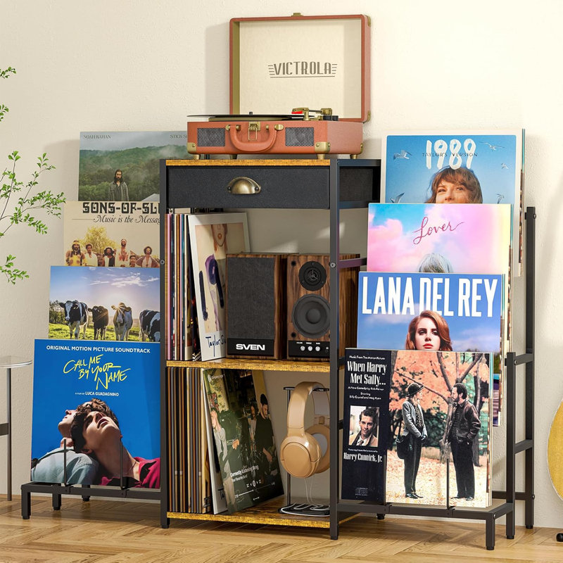 Support pour tourne-disque avec rangement en vinyle, table pour tourne-disque avec étagère à 8 niveaux pouvant accueillir jusqu'à 200 albums