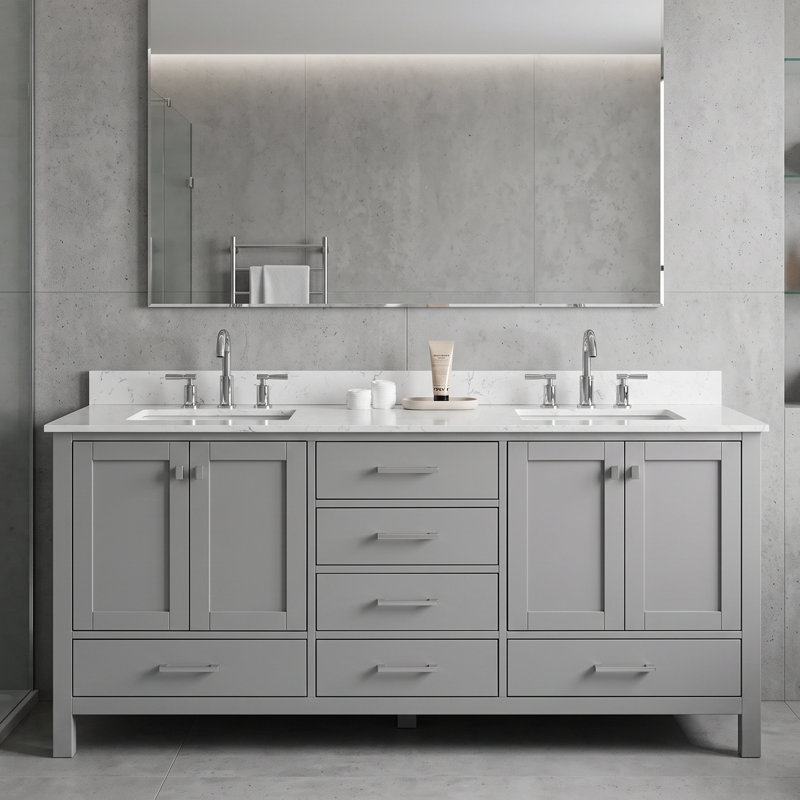 Meuble-lavabo 72 po en bois massif gris avec double vasque et armoire de rangement
