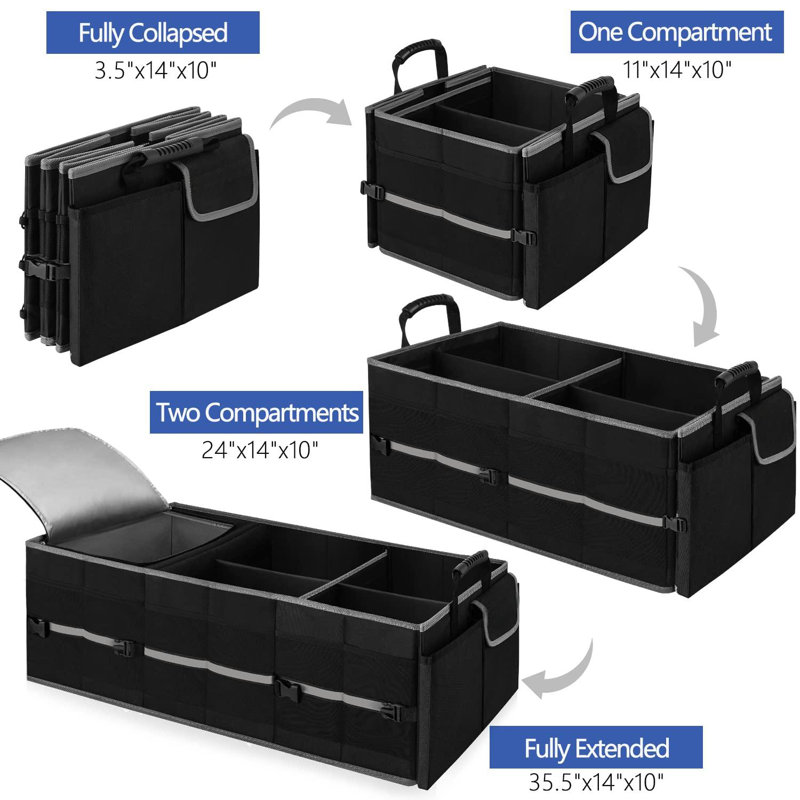 Organisateur de coffre avec sac isotherme intégré et étanche, 3 grands compartiments