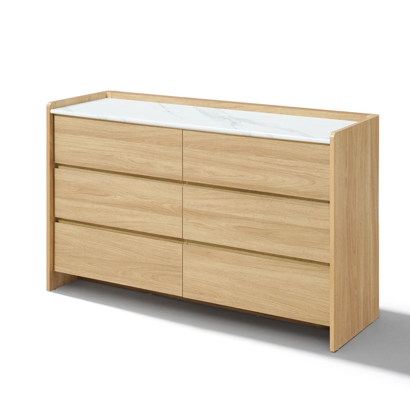 Commode 6 tiroirs 47,2 ", commode en bois manufacturé d'inspiration chêne moderne avec plateau en faux marbre, commode de chambre