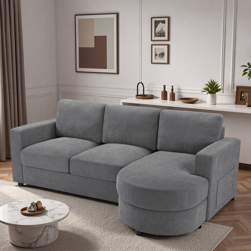 Modern L-shaped Sectional Sofa With Curved Chaise Lounge, Usb Ports And Side Storage Pockets, Gray Chenille