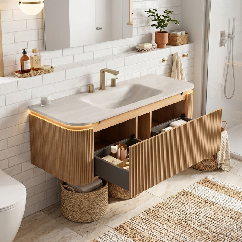 Meuble-lavabo flottant avec lumière à capteur et motif de travertin intégré, 48''