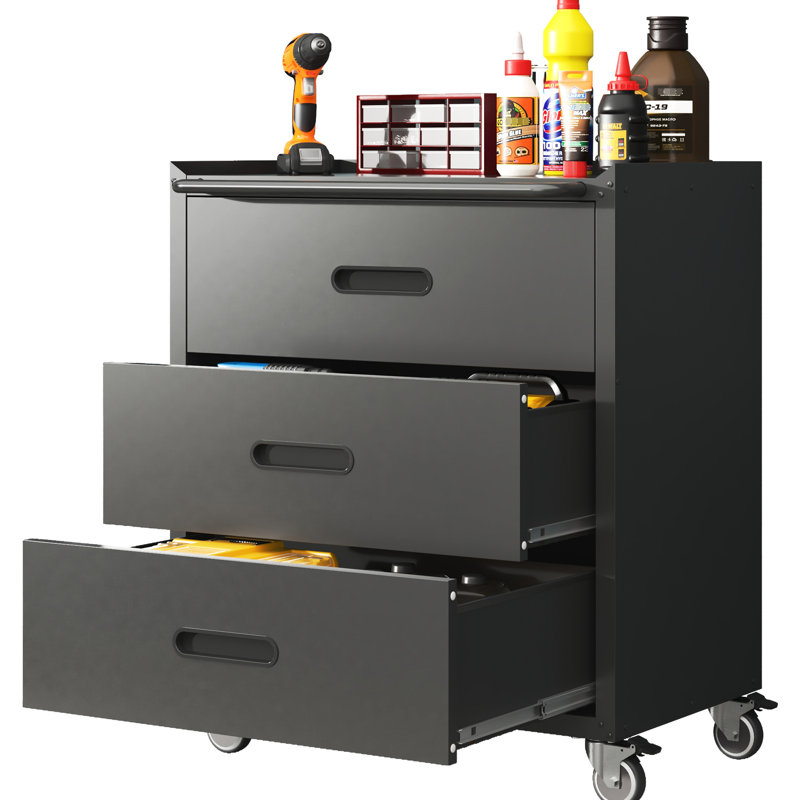 Armoire en métal robuste avec 3 tiroirs et roulettes - garage, bureau, maison. Acier robuste, noir. 360 rotatif. Compartiments de rangement spacieux. Roues pivotantes de 160 lb à tiroir supérieur. Rangement.