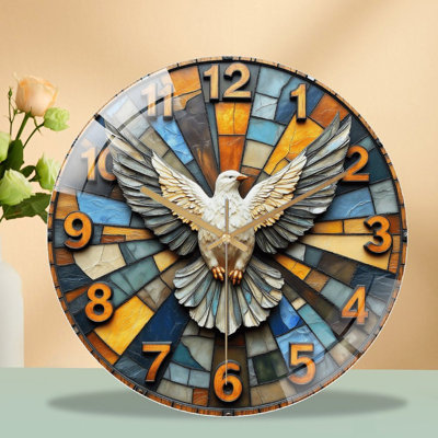 Stained Glass Wall Clock with Bird Design And Colors Art - 12'' Modern Glass Wall Clock