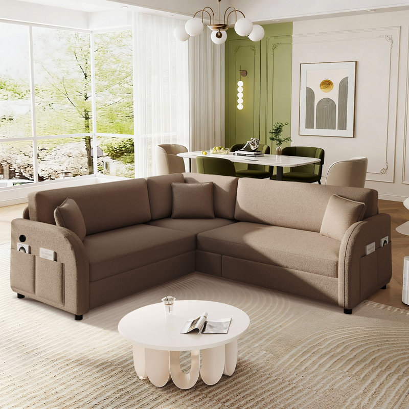 Jorlin 85.1" L-Shaped Corner Sectional Sofa With Pull-Out Bed 5 Seat Teddy Fabric Cloud Sectional Couches, Brown