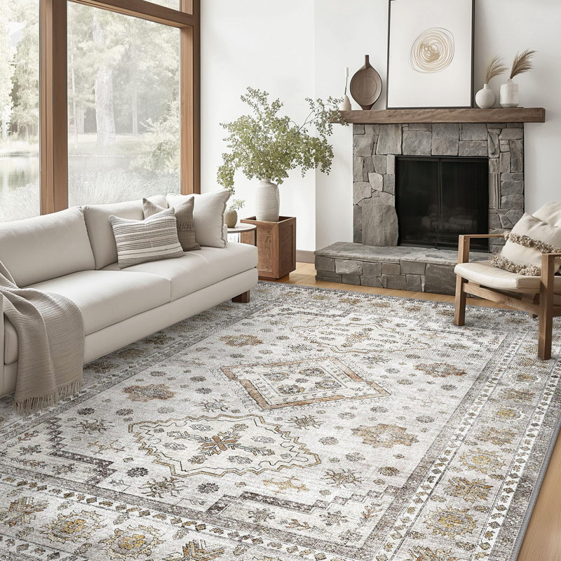 Oriental Machine Washable Area Rug with Non-Slip Backing, Rectangle 80 x 150 cm, Grey