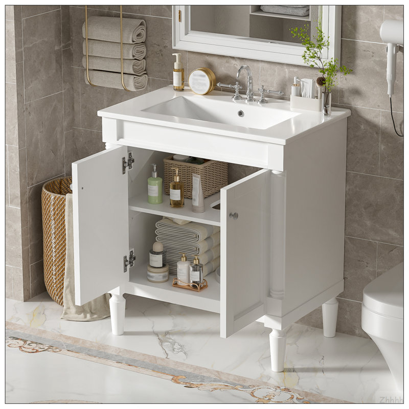 Armoire de meuble-lavabo 30 po avec lavabo en céramique 30 po, armoire de rangement avec portes à fermeture douce et pieds en bois massif