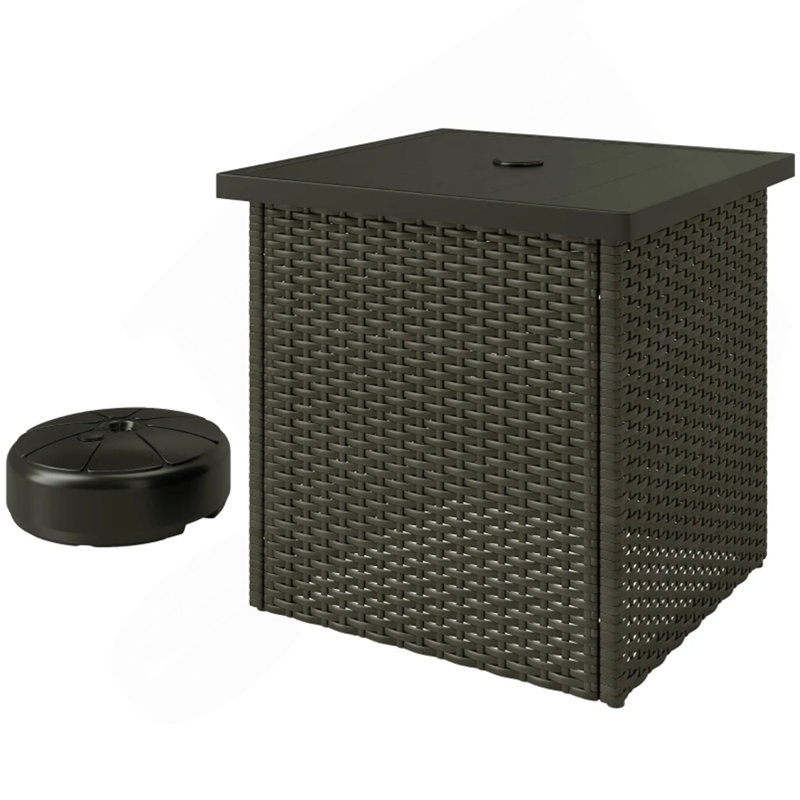 Outdoor Patio Coffee Table,Wicker Side Table With Umbrella Hole, Brown/Gray