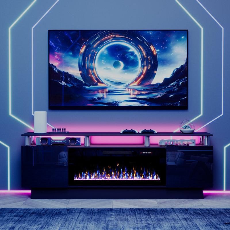 Meuble télé avec foyer électrique Alazik, Noir / argenté, Noir, 24”H x 14”L x 70”W