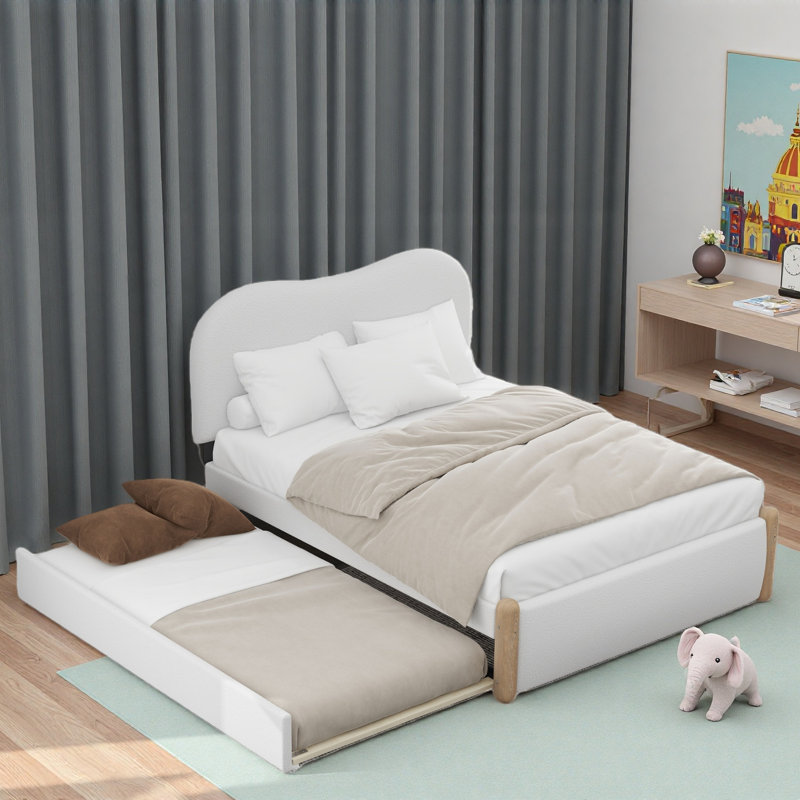 Upholstered Platform Bed With Trundle, White, Full