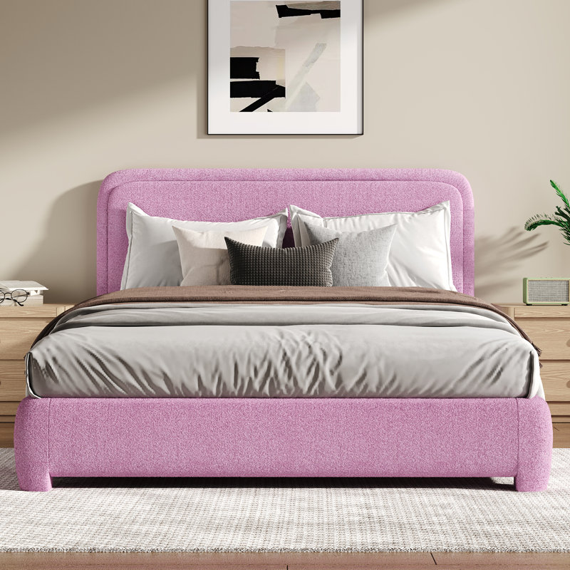 Lit plateforme tapissier Bensu Boucle, Lit double, Rose